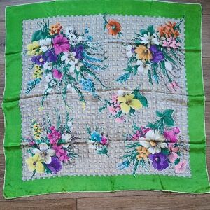 Vintage‎ 50s Floral 100% Silk Scarf - Basketweave Green Border - Japan Made
